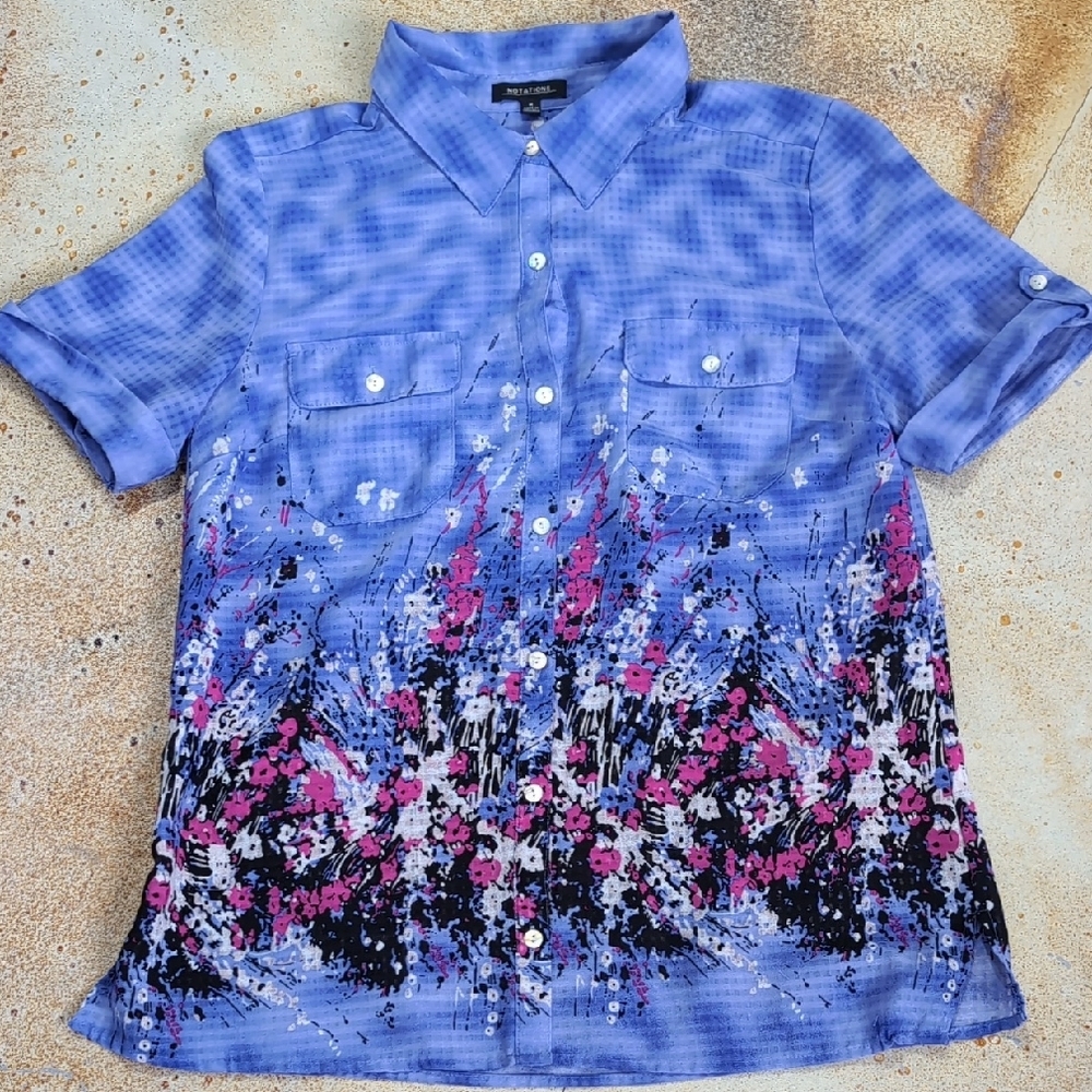 Notations | Purple Patterned Floral Lightweight Button Down Shirt Size M